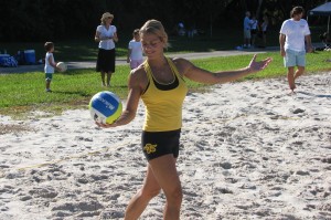 Personal trainer Sici Weinstock participates in a volleyball game at the Health Corps/ Banzai Magazine fundraiser fitness event on August 23rd.