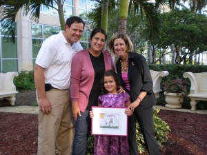 Tots for the Cure- George Cimballa; Chrisana Blanco; Sophia Cimballa, Tots for the Cure T-Shirt Contest Winner, all three from Palm Beach; Patti Abramson, Race Chair