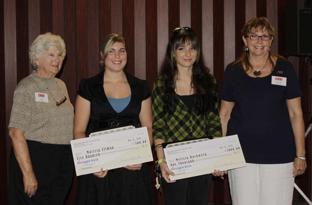 Representatives from The Wellington Art Society present checks to two of the 2010 scholarship award winners. Pictured are, from left, Judi Bludworth, WAS Scholarship Chair, Marissa Ullman from Suncoast Community High School, Melissa Laina Rockwerk from Dreyfoos School of the Arts, and WAS President Adrianne Hetherington. Not pictured are scholarship recipients Emily Stanton from Royal Palm Beach High School and Johnson Simon, also from Dreyfoos.