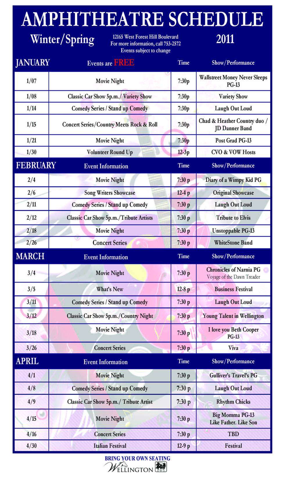 January, 2011 – Wellington Amphitheatre Schedule