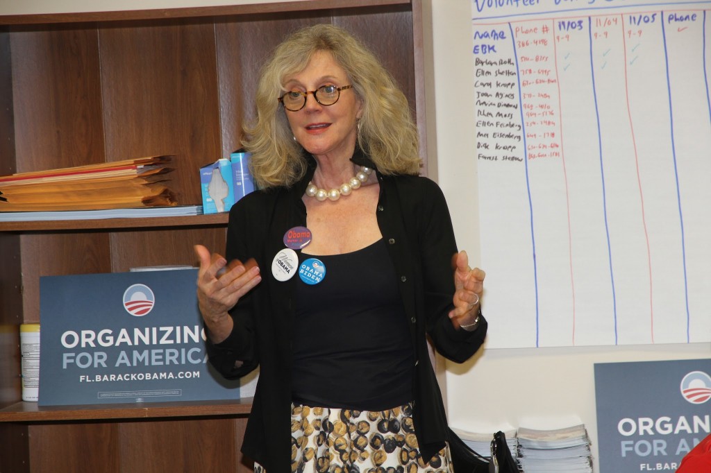 On Saturday, Sept. 22, actress Blythe Danner visited OFA-Florida volunteers at a senior-to-senior phone bank to thank them for their hard work and dedication to President Obama’s re-election campaign and share her personal reasons for supporting President Obama this November. Local senior volunteers made calls to fellow seniors to talk about the clear difference between the Obama-Biden and Romney-Ryan plans for Medicare and the potential impact this election could have on Florida seniors. Danner spoke to seniors and made phone calls while she was visiting the OFA office. Danner is the mother of actress Gwyneth Paltrow and appeared opposite Robert De Niro in the 2000 comedy hit Meet the Parents and its sequels Meet the Fockers and Little Fockers. From 2001 to 2006, she regularly appeared on the TV show Will & Grace as Will Truman's mother Marilyn.