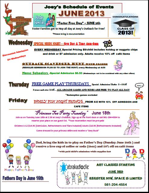 June, 2013 – Events at Joey’s Outback this June