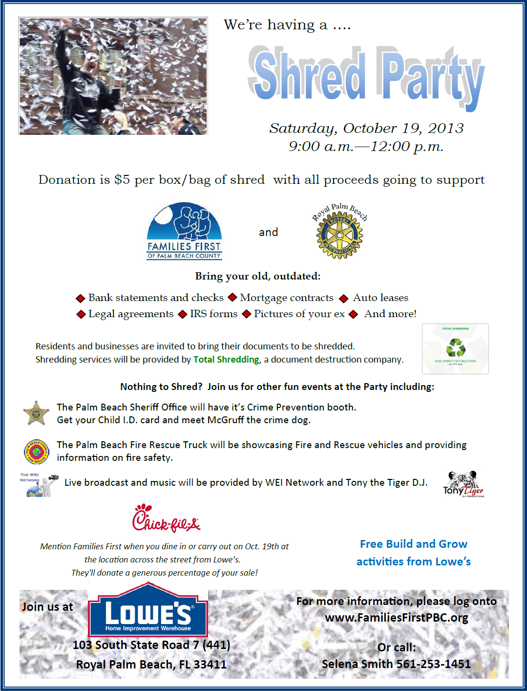 September, 2013 – Shred Party October 19 to Benefit Families First of Palm Beach County & Rotary International of Royal Palm Beach