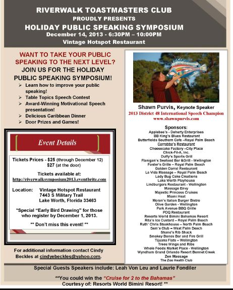 November, 2013 – Riverwalk Toastmasters Holiday Public Speaking Symposium