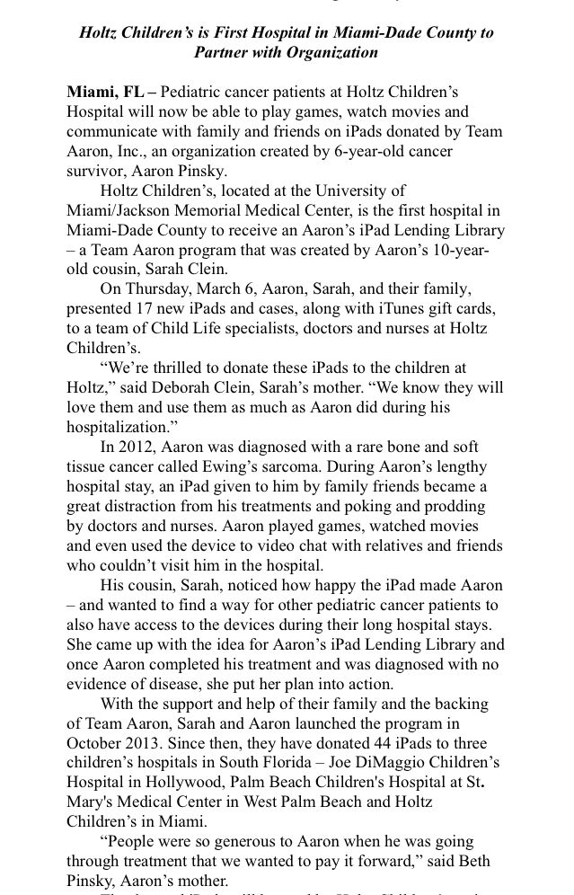 March, 2013 – Aaron’s iPads gives to Holtz Children’s Hospital