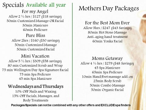 May, 2014 – Mother’s Day Specials at the Wellington Day Spa