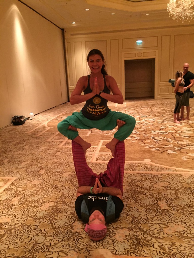 Barbara Alfonzo and Brian Lester, our yoga instructors, showing off a little acro yoga, after the class.  