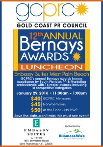 December, 2015- Gold Coast PR Council Announces Nominees for 12th Annual Bernays Awards