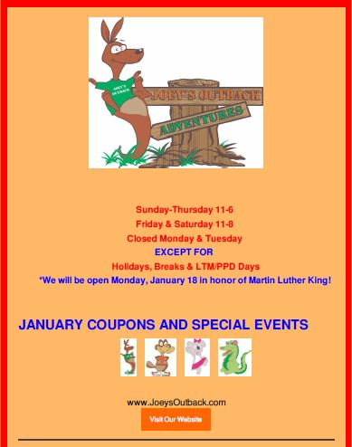 January, 2016 – Special Events at Joey’s Outback