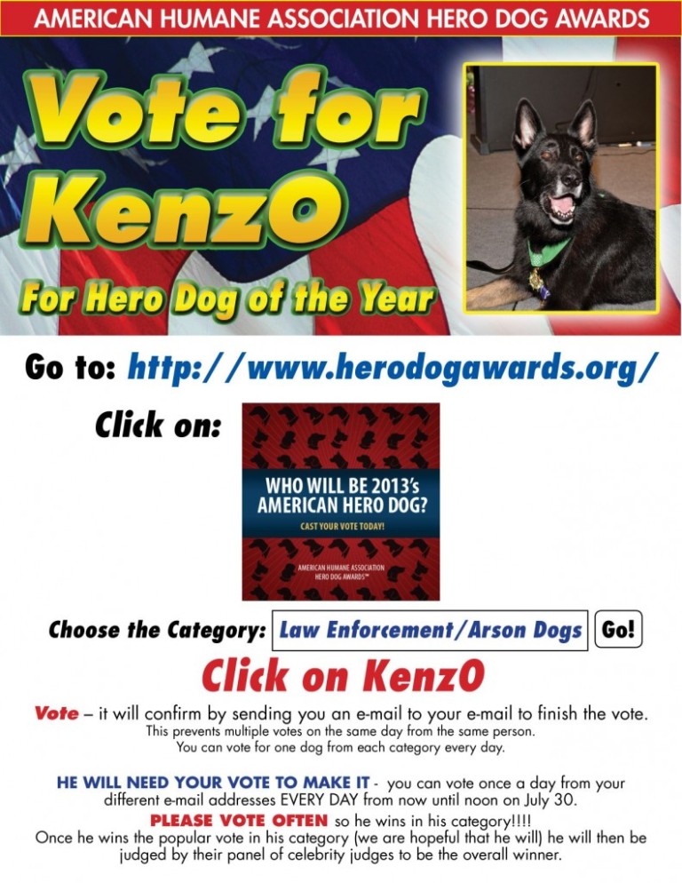 May, 2013 – KenzO Nominated for AHA Hero Dog of the Year