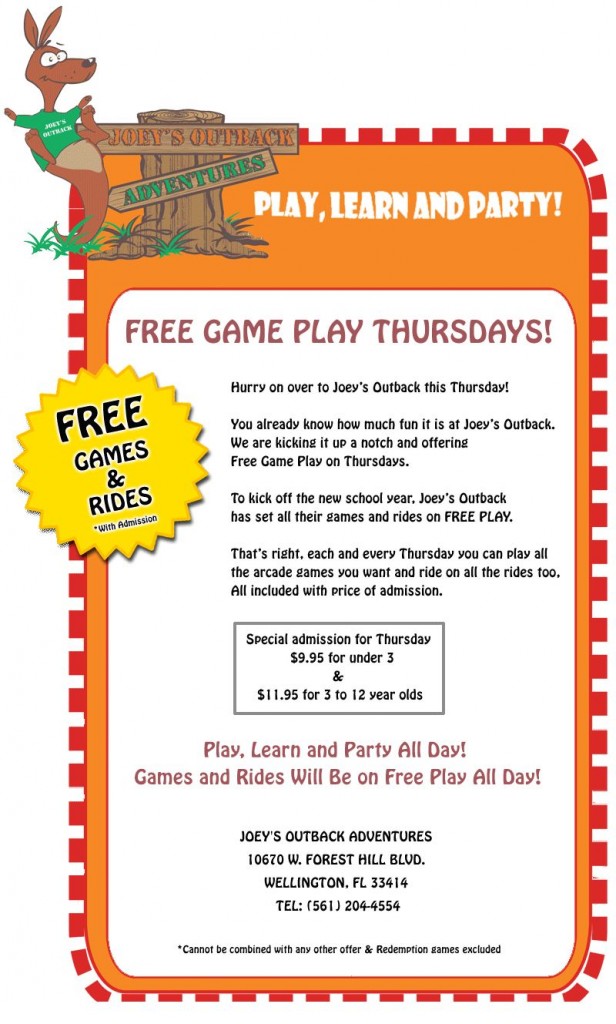 September, 2012 – FREE Game Play Thursdays at Joey’s