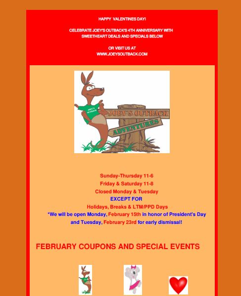 Joey’s Outback Events for February, 2016