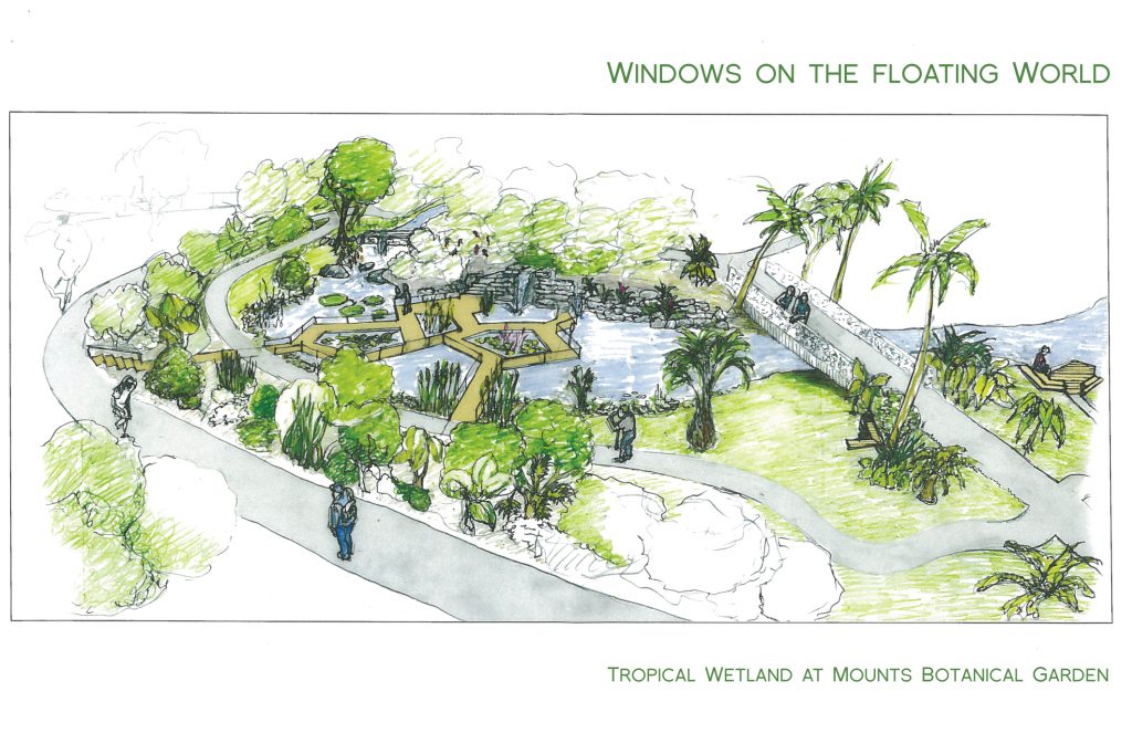 Rendering of the proposed Windows on the Floating World exhibit at Mounts Botanical Garden