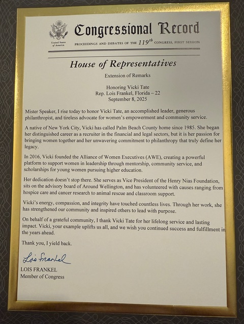 Congressional Recognition Honors AWE Founder Vicki Tate for Leadership and Philanthropy